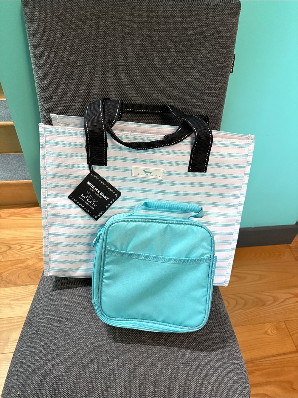 Scout Aqua Stripe Tote with Aqua Lunch Bag and Black Handles- freshly mint color